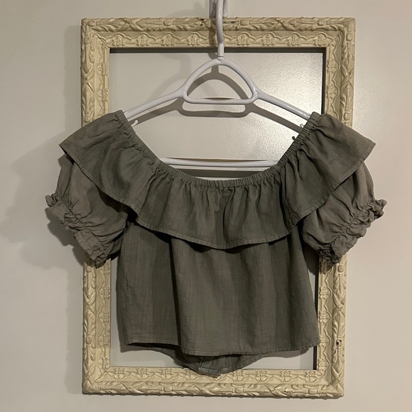 TOPSHOP | Olive Green Off-Shoulder Ruffle Top - Picture 7 of 10